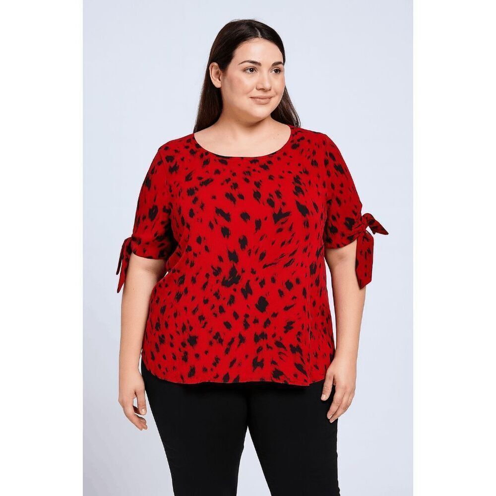Women’s Red Animal Print Blouse with Tie Sleeves XL
